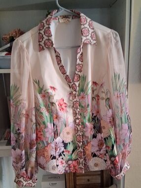 Sheer Floral Button-Up Blouse in Cream and Pink